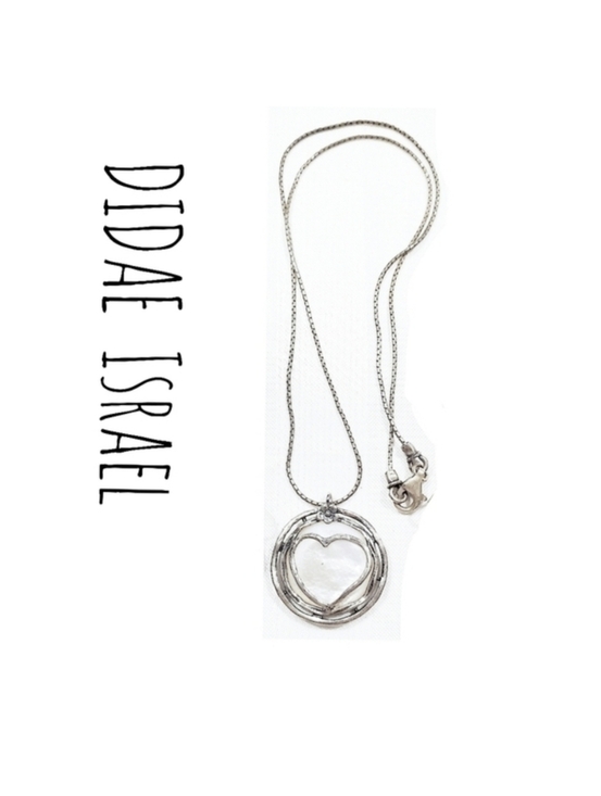 DIDAE Israel Jewelry - VTG Didae Shablool 925 Sterling Silver Mother of Pearl Heart Necklace